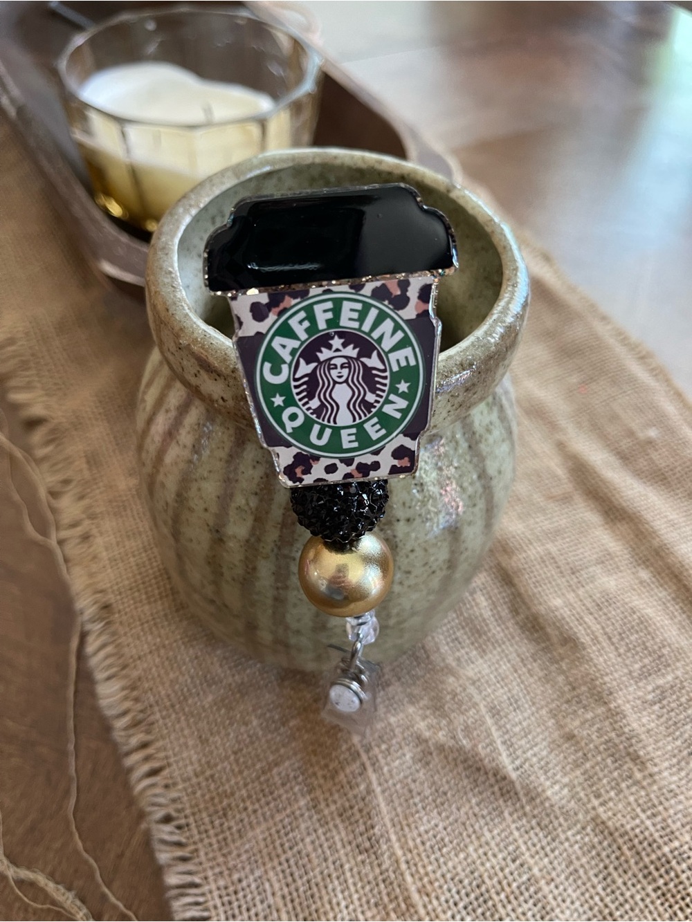 Caffeine Queen Glittery Badge Reel Black & Green Decorative Accessory